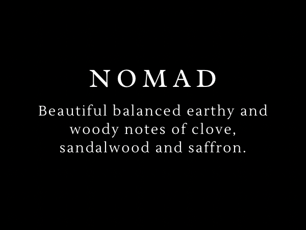 Text description of a fragrance named 'NOMAD' with notes of clove, sandalwood, and saffron on a black background.