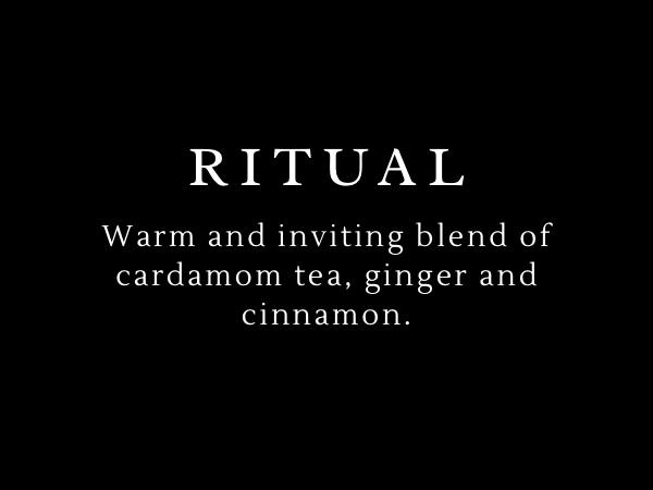 Text on a black background describing a 'Ritual' tea blend with cardamom, ginger, and cinnamon.