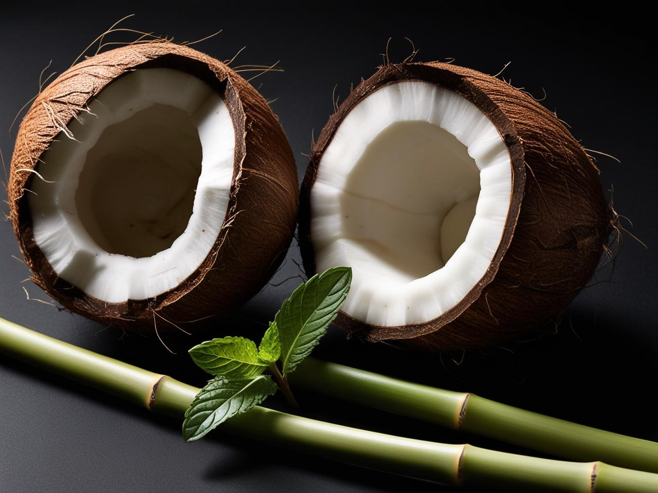 Two halves of a coconut with a green leaf and bamboo sticks on a dark background