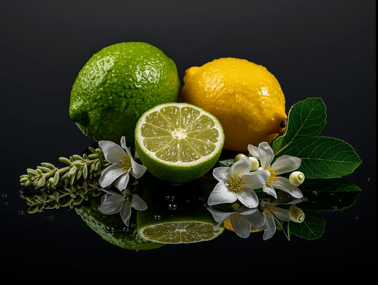 Lemons and limes with flowers on a reflective surface