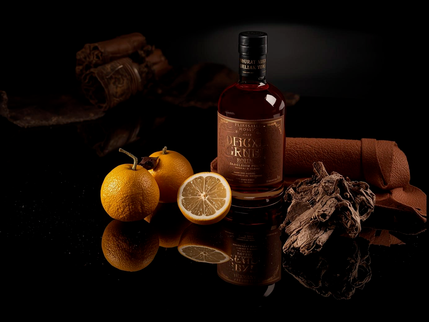 Bottle of Jack Daniel's whiskey with fruits and wood on a reflective surface