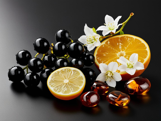 Fruits and flowers on a dark background