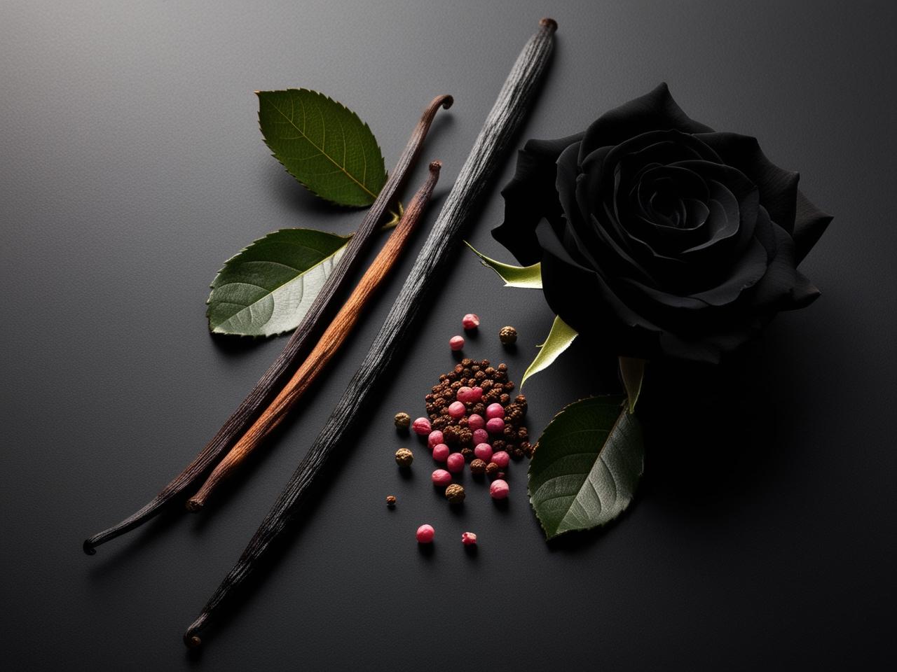Vanilla beans, black rose, and small berries on a dark surface