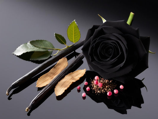 Black rose, vanilla beans, and small pink flowers on a reflective surface with a dark background