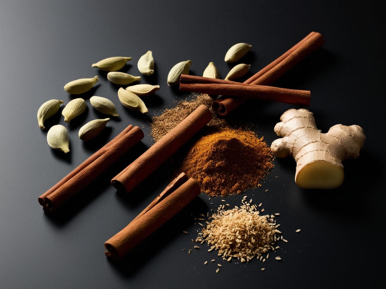 Spices including cinnamon sticks, cardamom pods, and ginger on a dark surface