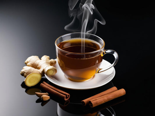 Steaming cup of tea with ginger and cinnamon on a dark background