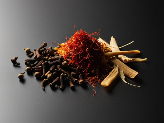 Spices including saffron, cloves, and cardamom on a dark background