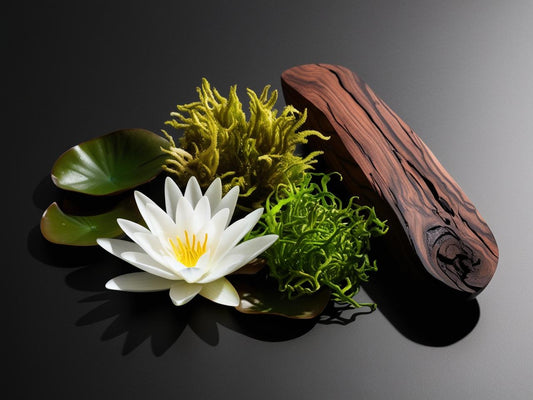 White water lily with green leaves and a wooden tool on a dark background