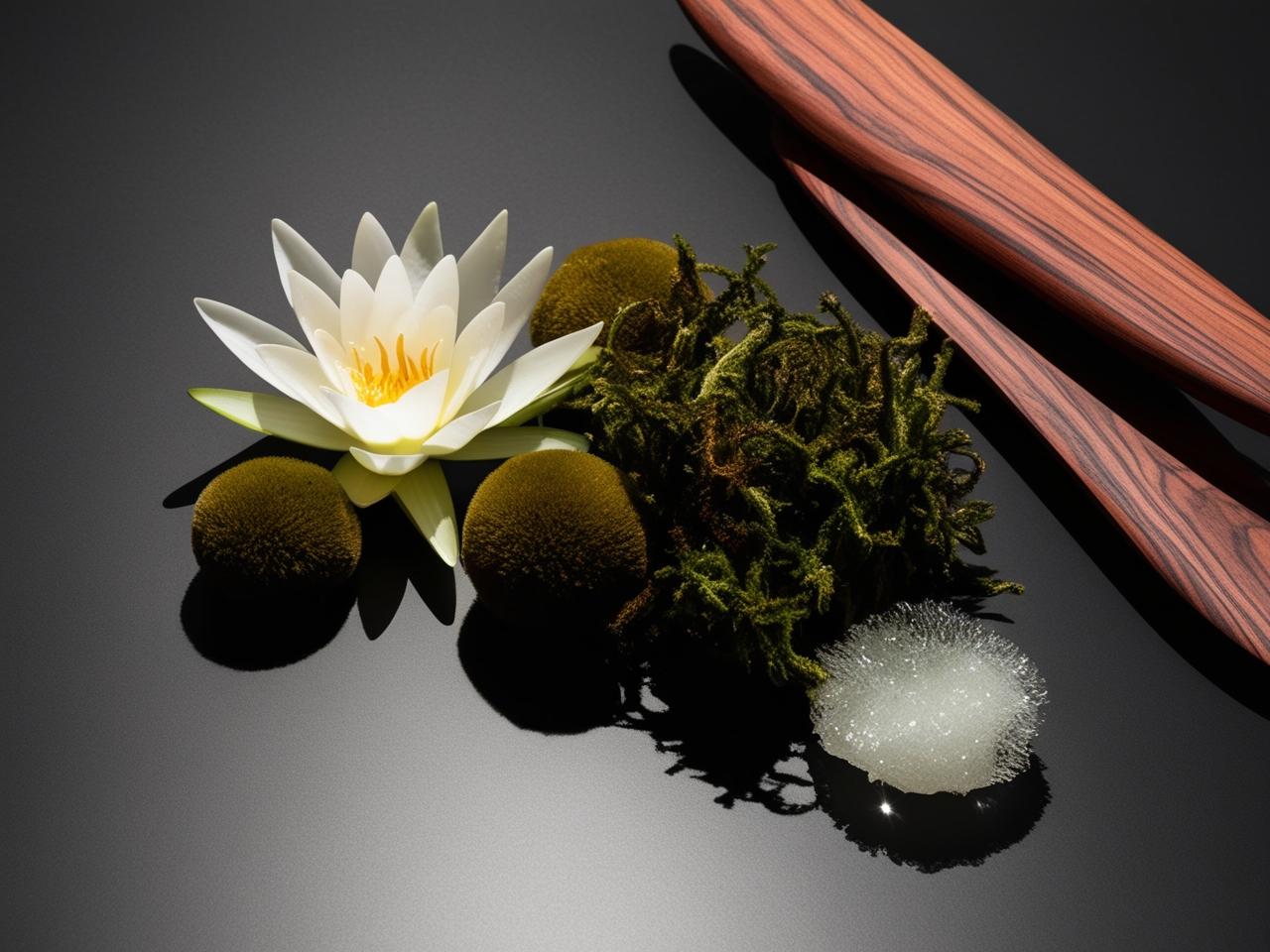 White water lily on a dark surface with a wooden tool and moss.