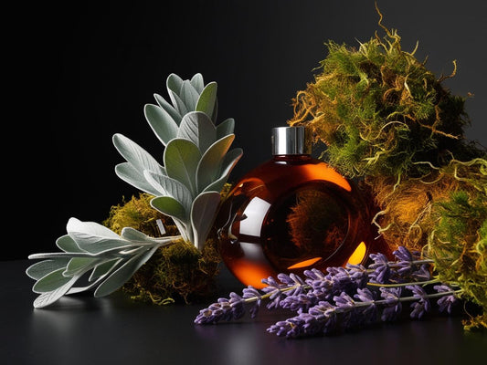 Brown perfume bottle with green leaves and purple flowers on a dark background