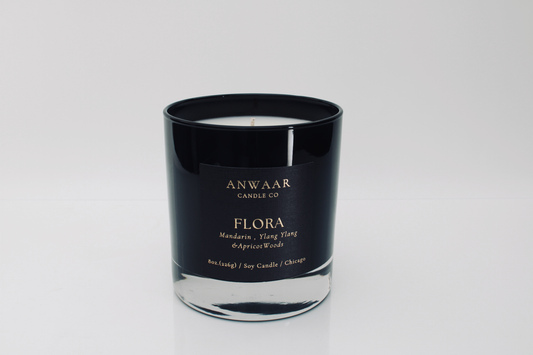 Flora - black elegant candle vessel with black label and gold letters with details about the product Edit alt text Edit alt text Edit alt text