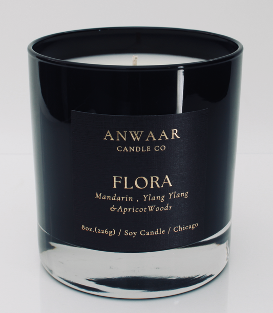 Flora - black elegant candle vessel with black label and gold letters with details about the product Edit alt text  Edit alt text