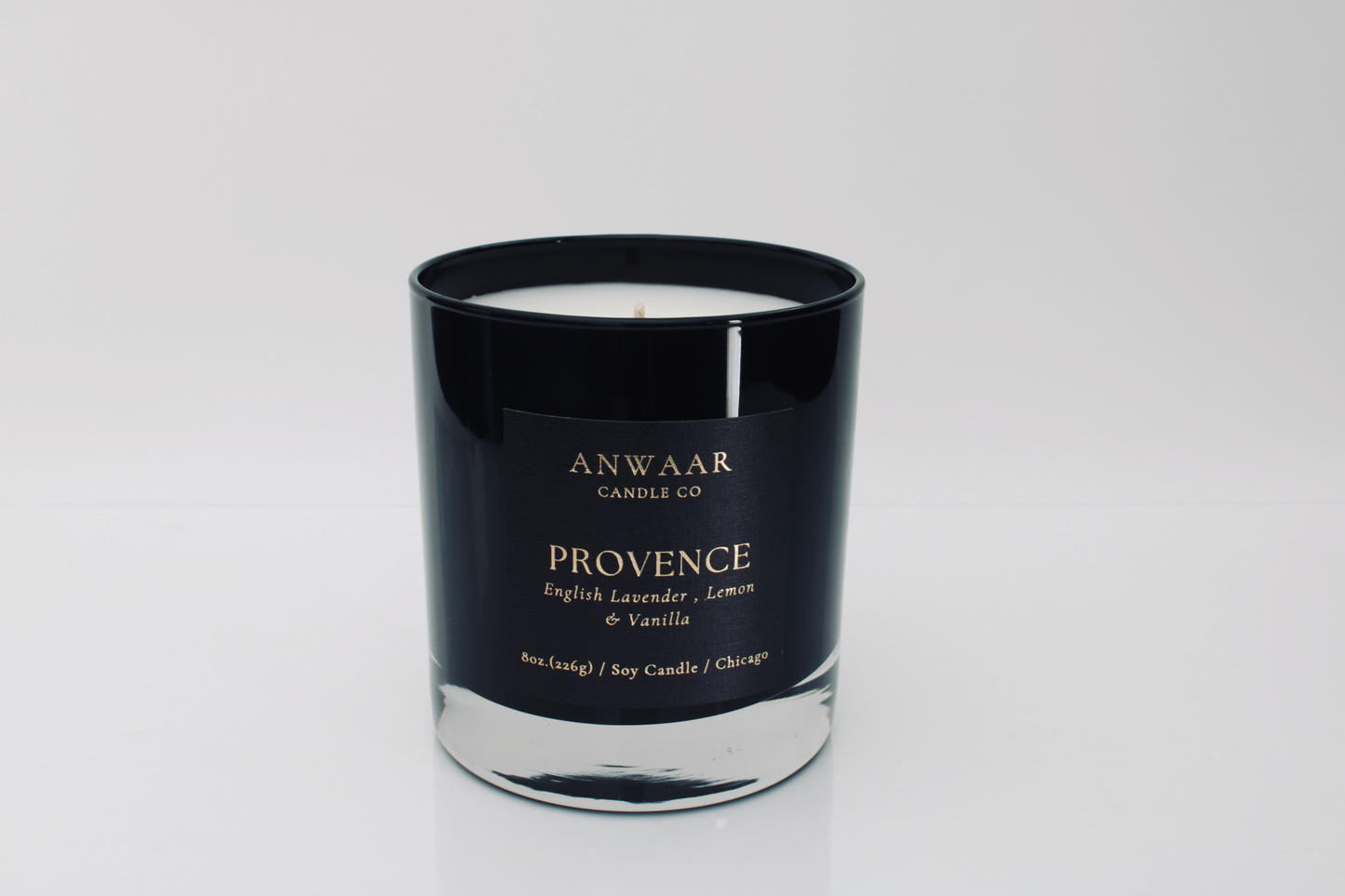 Provence - black elegant candle vessel with black label and gold letters with details about the product