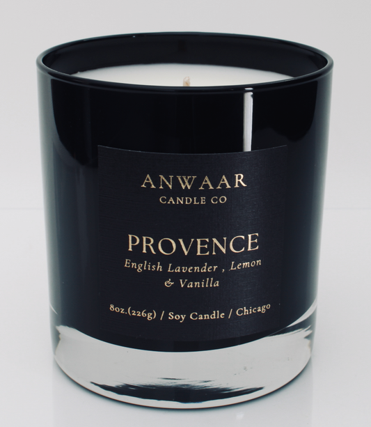 Provence - black elegant candle vessel with black label and gold letters with details about the product
