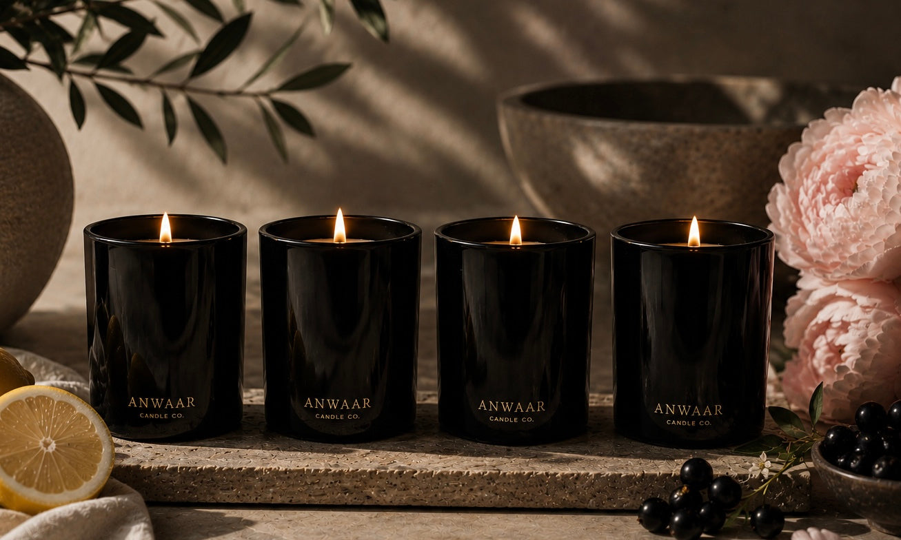 Four black candles are burning on a table surrounded by lemons, berries, flowers,
