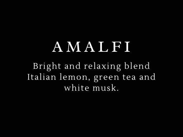 Text description of a bright and relaxing blend featuring Italian lemon, green tea, and white musk on a black background.