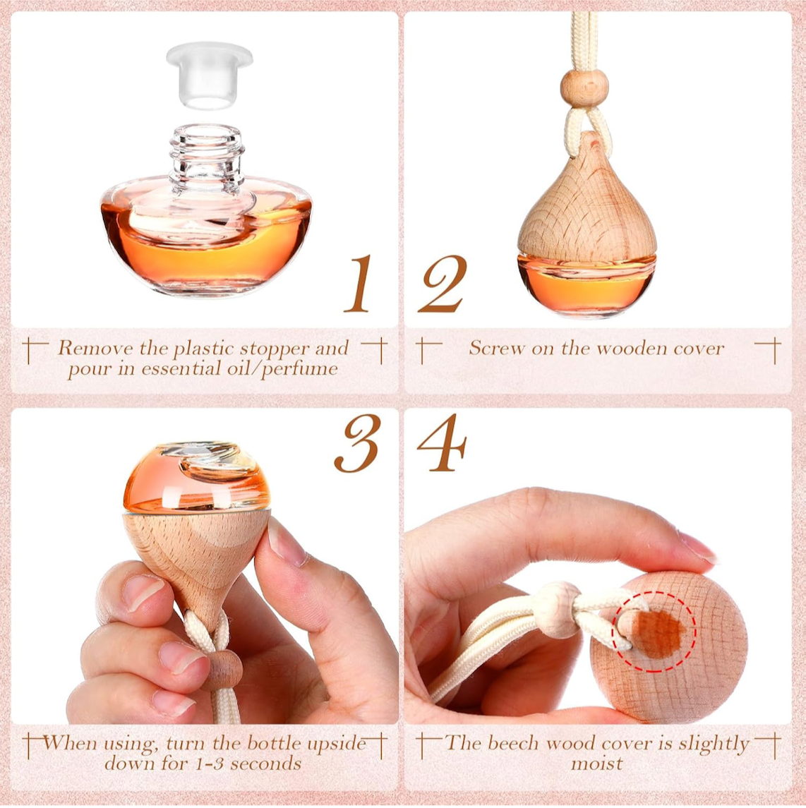Step-by-step guide on how to use a wooden car diffuser bottle.