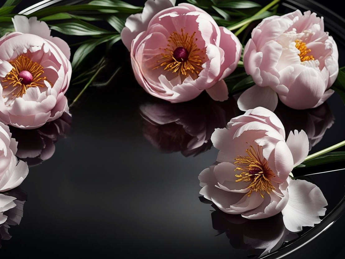 Pink peonies with green leaves on a reflective black surface